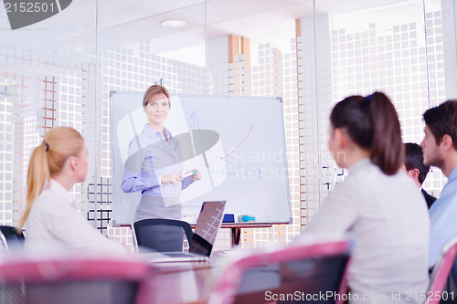 Image of business woman with her staff in background at office