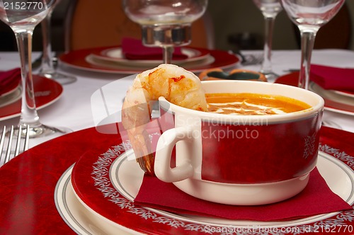 Image of Tasty soup on a table at restaurant 