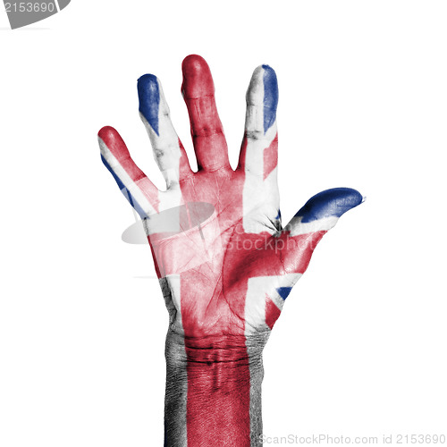 Image of Hand of an old woman, wrapped with a pattern of the flag of the 