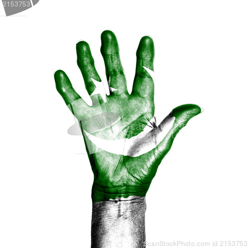 Image of Hand of an old woman, wrapped with a pattern of the flag of Paki