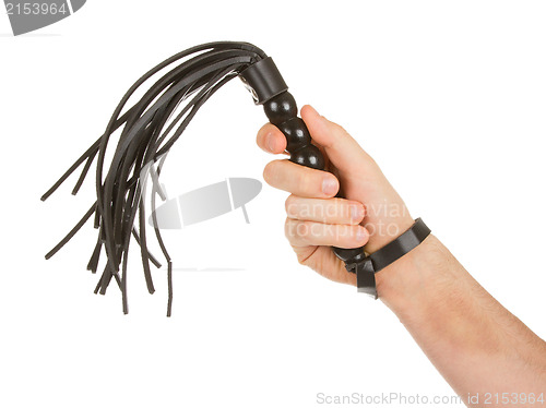 Image of Strict Black Leather Flogging Whip in man's hand