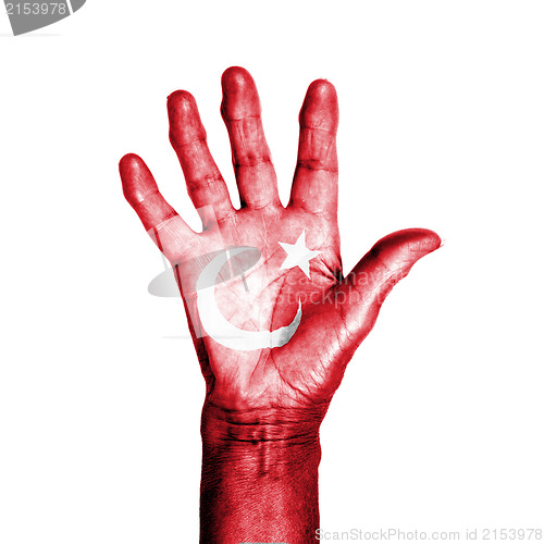 Image of Hand of an old woman, wrapped with a pattern of the flag of Turk