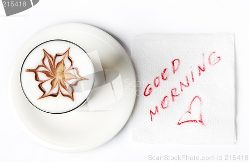 Image of barista latte coffee glass with good morning note