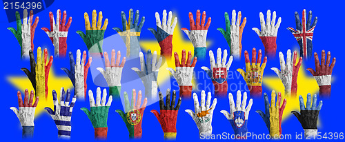 Image of Hands with flag painting of the EU-coutries