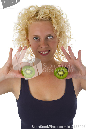 Image of Young woman holding Kiw Fruit