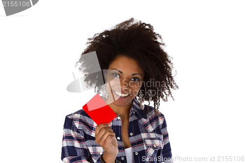 Image of Young african american holding red card