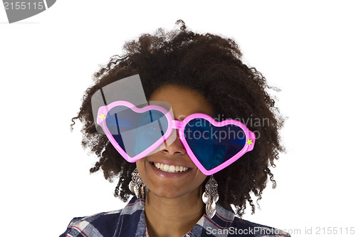 Image of Funny afro american with pink sunglasses