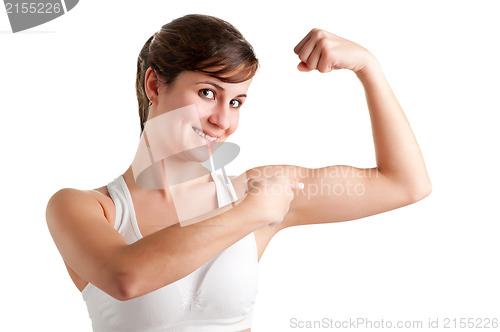 Image of Woman Poiting at her Bicep