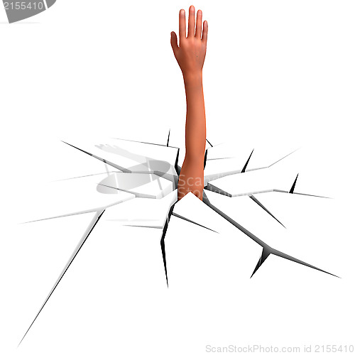 Image of hand sticks out of a crack