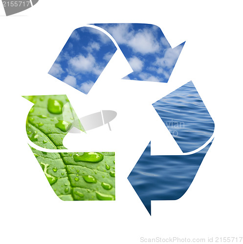 Image of Recycle symbol made from waves, clouds and green leaf with drops