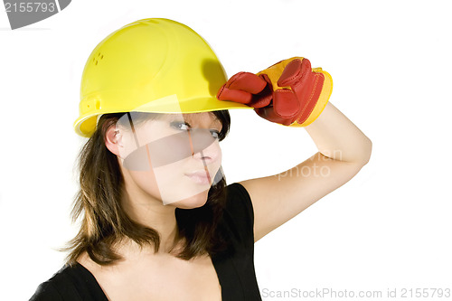 Image of Girl in yellow hard hat and red gloves