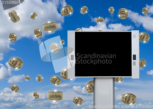 Image of Blank advertising billboard with dollar bubbles background