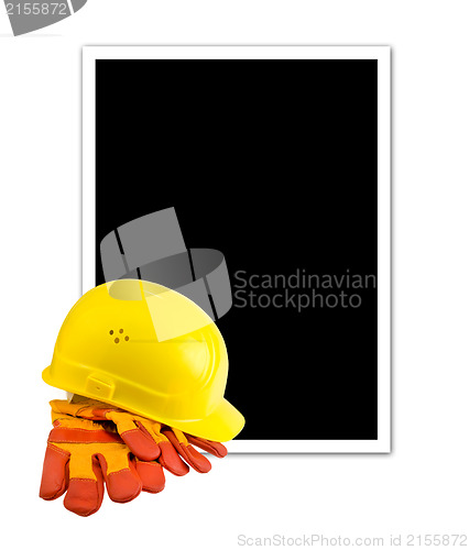 Image of Yellow hard hat and protective gloves isolated with empty frame