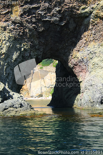 Image of Mountain on a rocky coastline.View from sea.