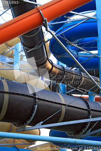 Image of Twisting, colorful water chutes wind around