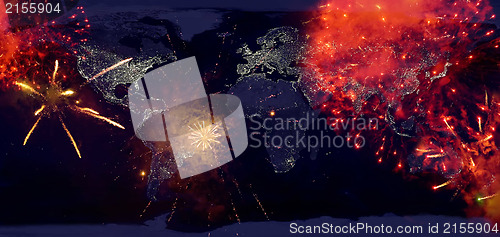 Image of Fireworks with earth at night image.New year on the earth.High r