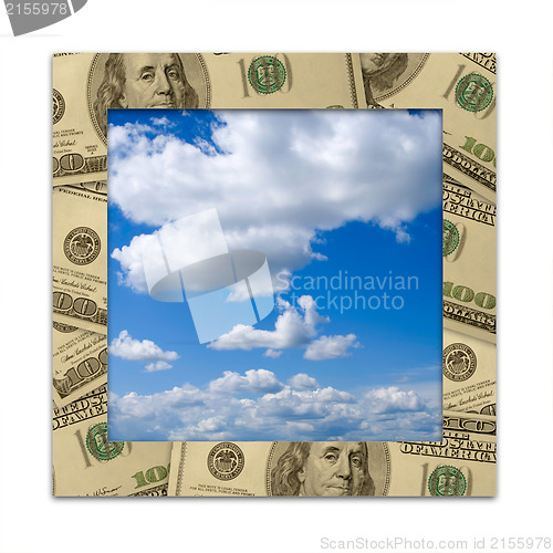 Image of Dollars frame and blue sky with clouds