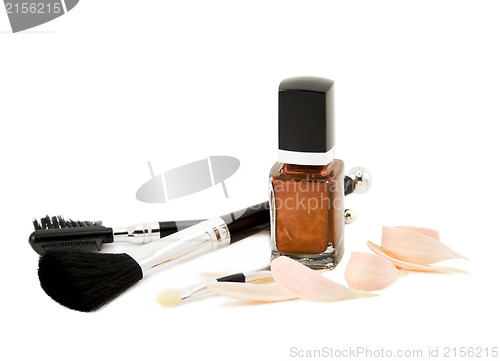 Image of Make up accessories with flower petal Isolated