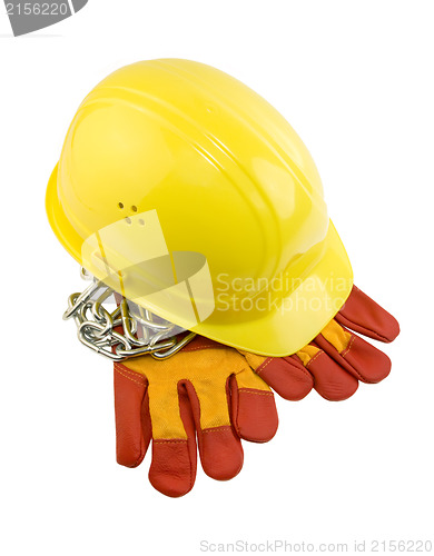 Image of Yellow hard hat, protective gloves and steel chain isolated