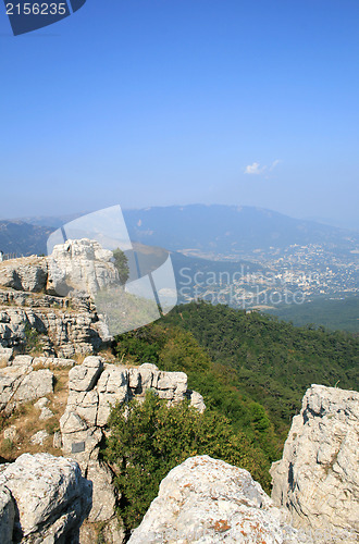 Image of Top of the mountain with green forest above