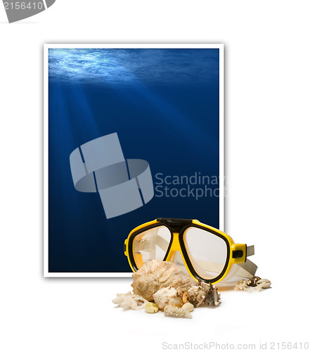 Image of Frame with underwater scene and diving mask with sea shells