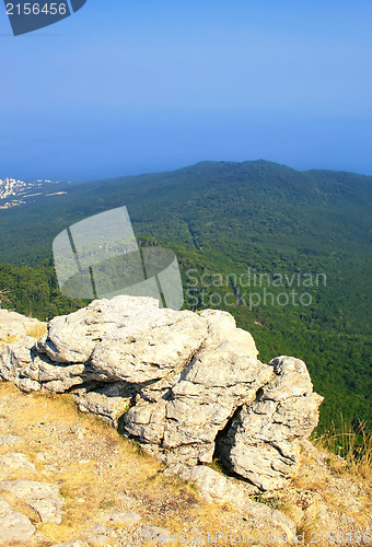 Image of Top of the mountain with green forest above