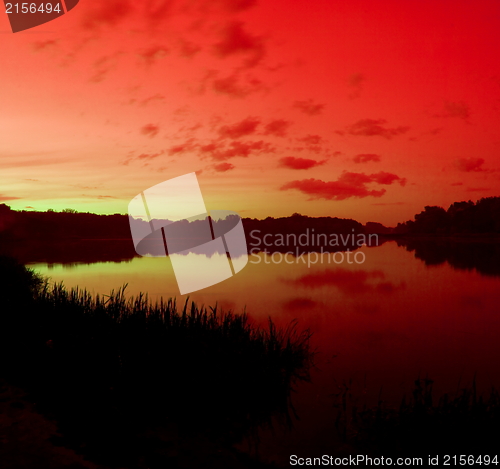 Image of Red sunset lake panorama