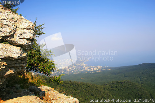 Image of Top of the mountain with green forest above