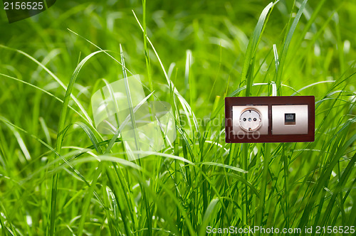 Image of Electric outlet in grass.Ecology clean electricity concept.