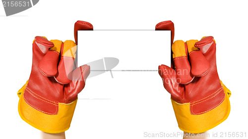 Image of Red protective gloves holding an empty black frame for your text