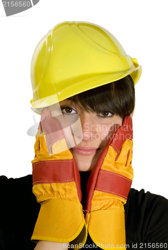 Image of Girl in yellow hard hat and red gloves