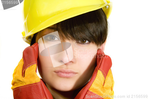 Image of Girl in yellow hard hat and red gloves