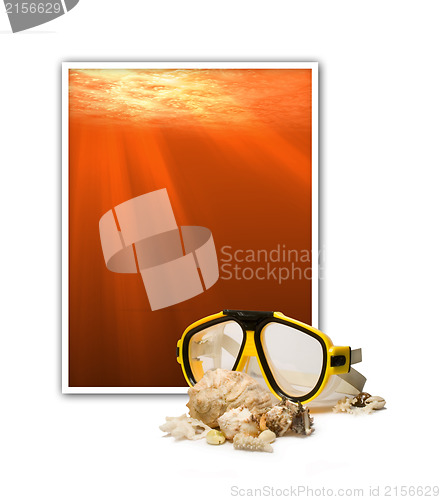 Image of Frame with underwater scene and diving mask with sea shells