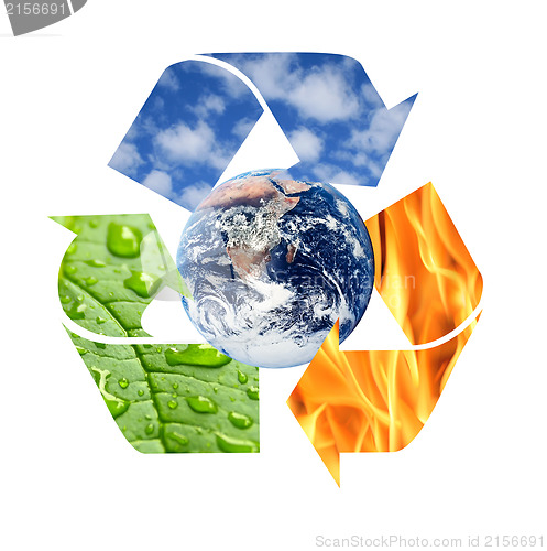 Image of Recycle symbol made from fire, clouds and green leaf with drops 