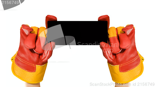 Image of Red protective gloves holding an empty black frame for your text
