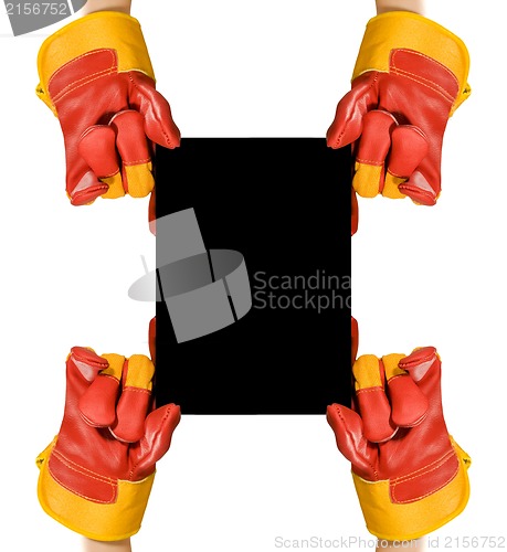 Image of Red protective gloves holding an empty black frame for your text