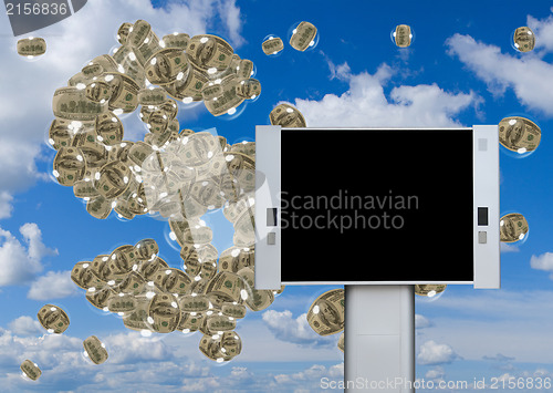Image of Blank advertising billboard with dollar bubbles and dollar sign 