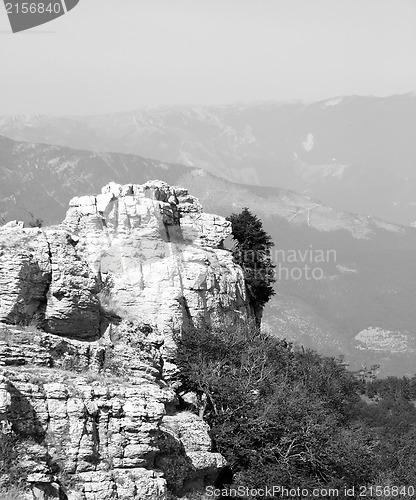 Image of Top of the mountain with green forest above