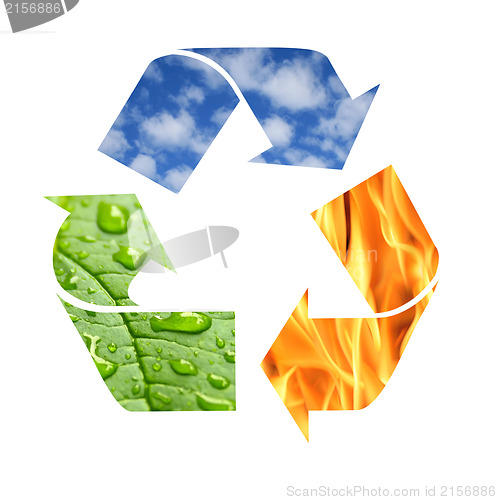 Image of Recycle symbol made from fire, clouds and green leaf with drops 