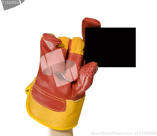 Image of Red protective gloves holding an empty black frame for your text