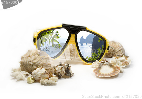 Image of Yellow diving mask with sea shells and sea rocks reflection