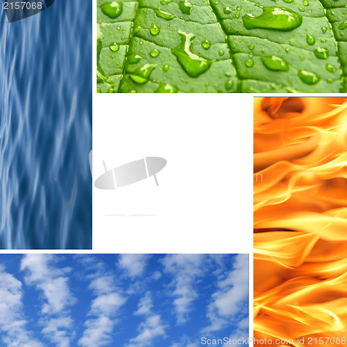 Image of Frame made from clouds, fire, waves and green leaf with drops of