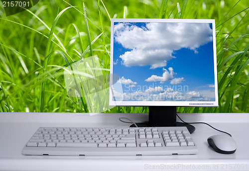 Image of PC with green grass background and clouds on desktop