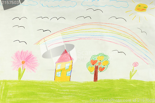 Image of Children's drawing with house and flowers