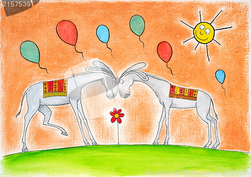Image of Happy donkeys with balloons, child's drawing, watercolor painting on paper
