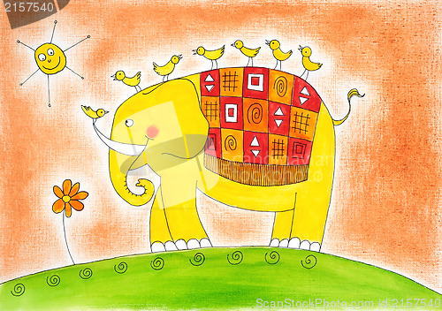 Image of Happy elephant and birds, child's drawing, watercolor painting on paper