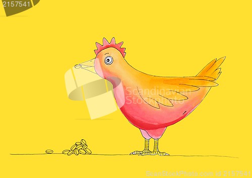 Image of Chicken having meal, child's drawing, watercolor painting on paper