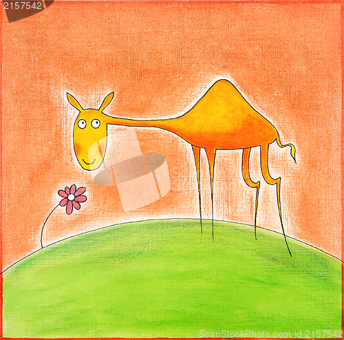 Image of Happy young camel, child's drawing, watercolor painting on paper