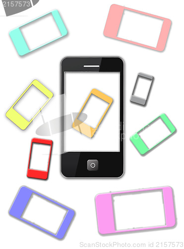 Image of many modern colorful mobile phones