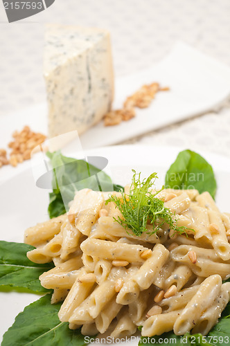 Image of Italian pasta penne gorgonzola and pine nuts